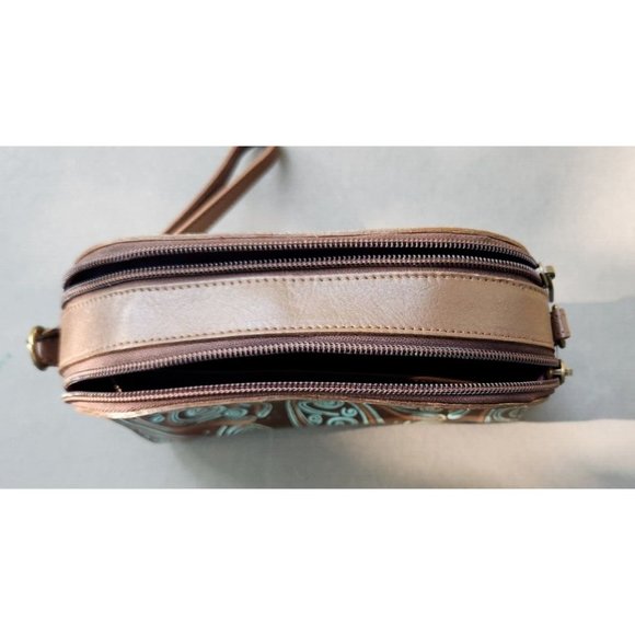 Anuschka Twin Top Wallet Wrislet Organizer Makeup Bag Tooled Waves Small Purse - Picture 6 of 16